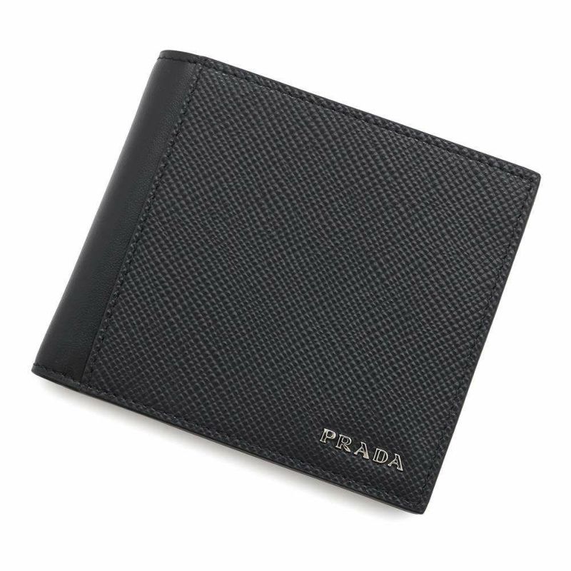 プラダ 二つ折り財布 サフィアーノ レザー ロゴPRADA 財布 メンズ 黒