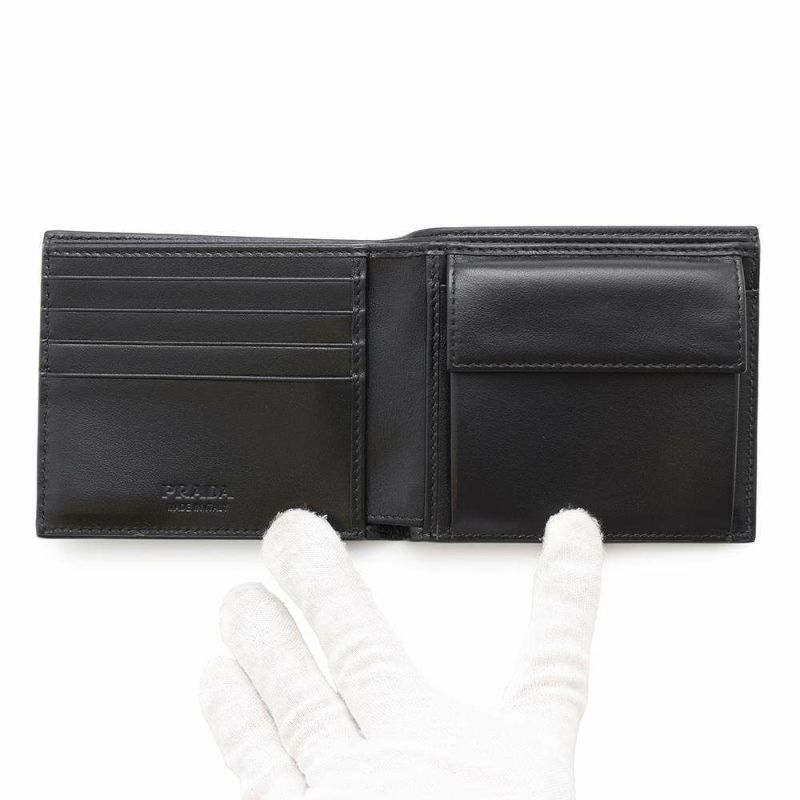 プラダ 二つ折り財布 サフィアーノ レザー ロゴPRADA 財布 メンズ 黒