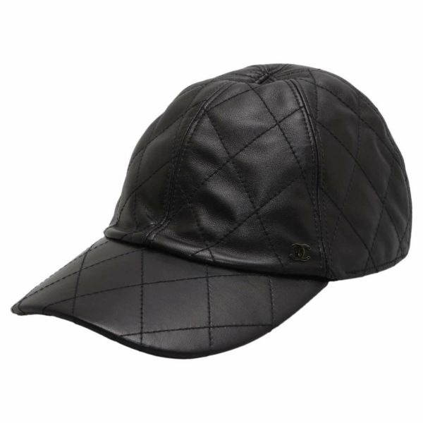 シャネル キャップ マトラッセ サイドロゴ ココマーク ラムスキン サイズM CHANEL 帽子 黒