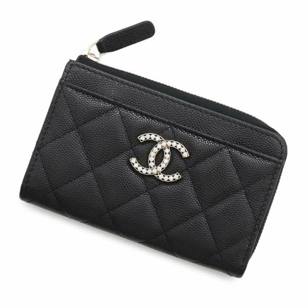 シャネル コインケース ココマーク マトラッセ キャビアスキン ストラス AP4558 CHANEL フラグメントケース カードケース 黒