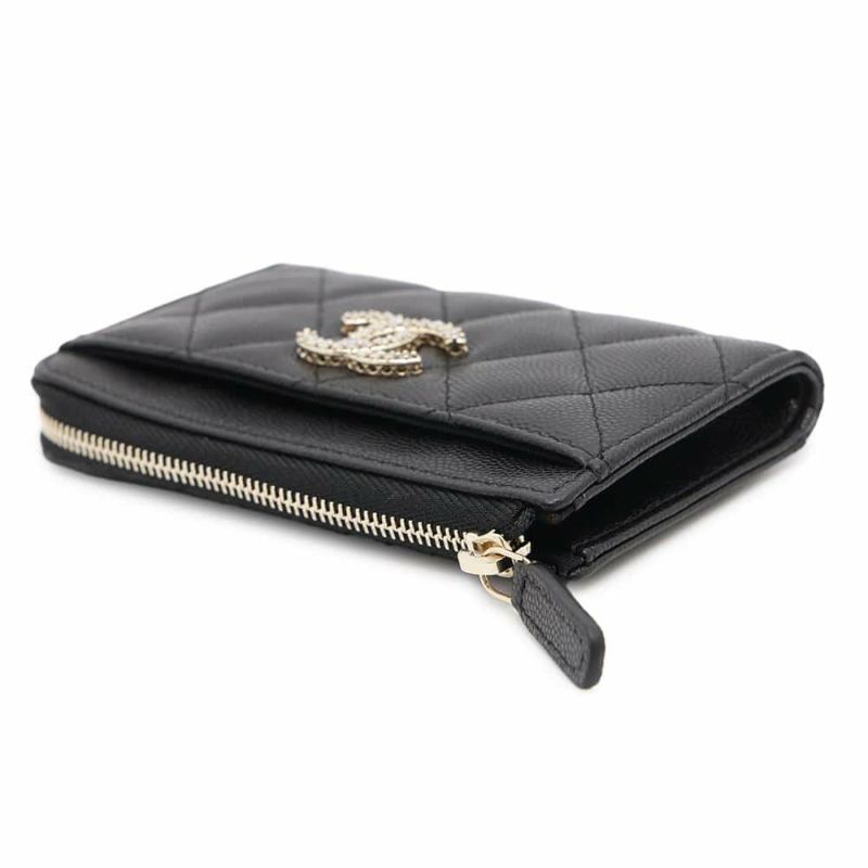 シャネル コインケース ココマーク マトラッセ キャビアスキン ストラス AP4558 CHANEL フラグメントケース カードケース 黒
