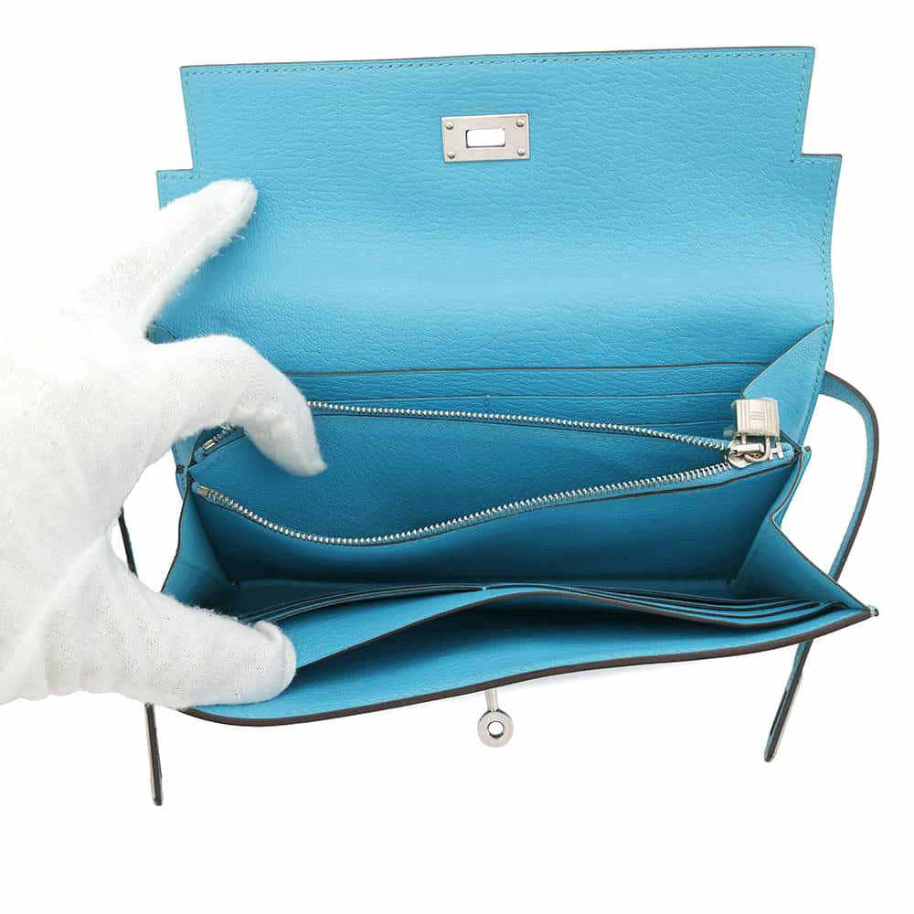 エルメス 長財布 ケリーウォレット ロング ブルーアズテック/シルバー金具 シェブルミゾル □R刻印 財布 シェーブル