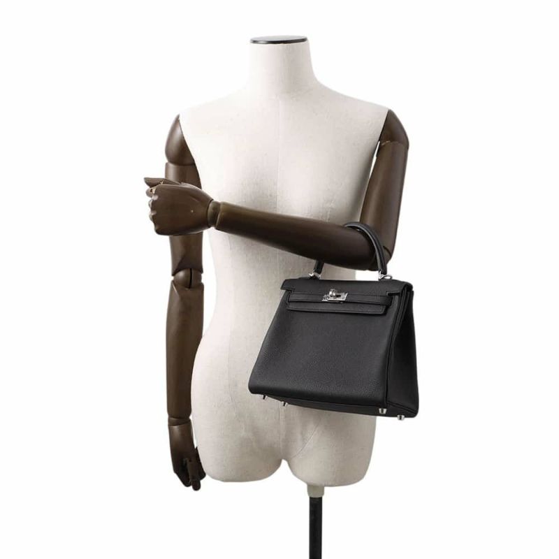 エルメス ハンドバッグ ケリー25 内縫い ブラック/シルバー金具 トゴ W刻印 HERMES 2wayショルダー 黒