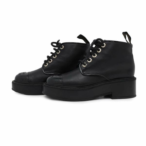 シャネル ショートブーツ ココマーク レースアップ パテント フェイクパール レディースサイズ37 1/2C G33169 靴 黒