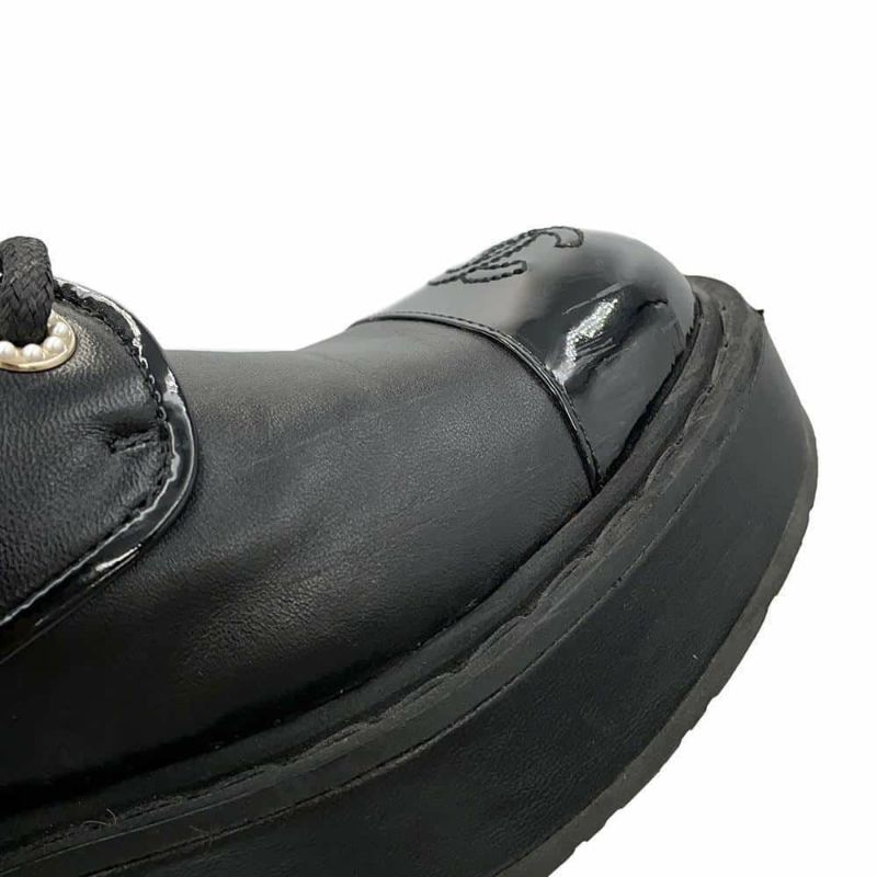 シャネル ショートブーツ ココマーク レースアップ パテント フェイクパール レディースサイズ37 1/2C G33169 靴 黒