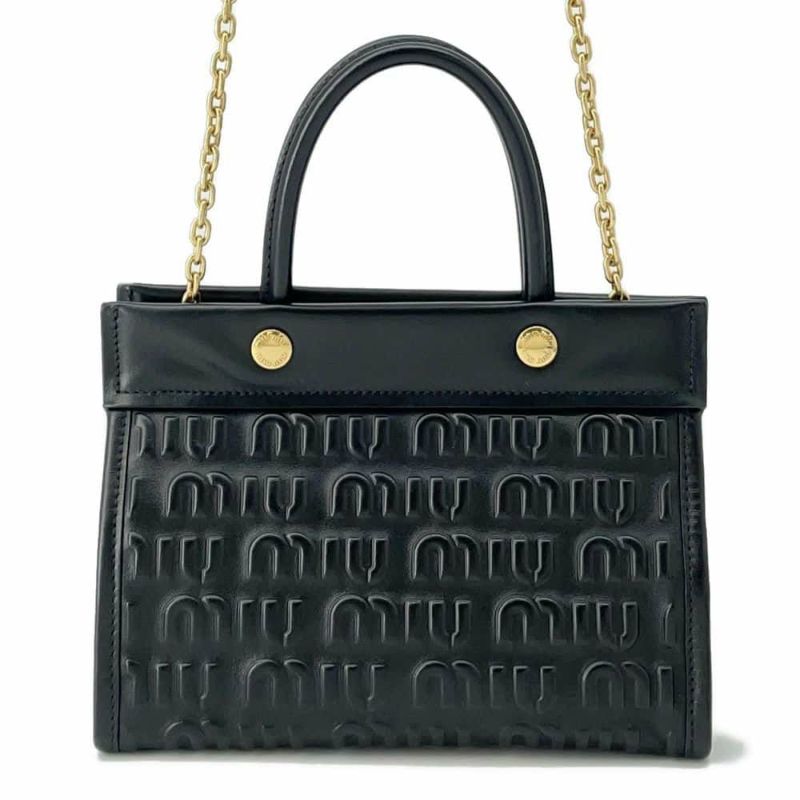 ミュウミュウ ハンドバッグ エンボスロゴ レザー 5BA243 Miu Miu 2wayショルダーバッグ 黒