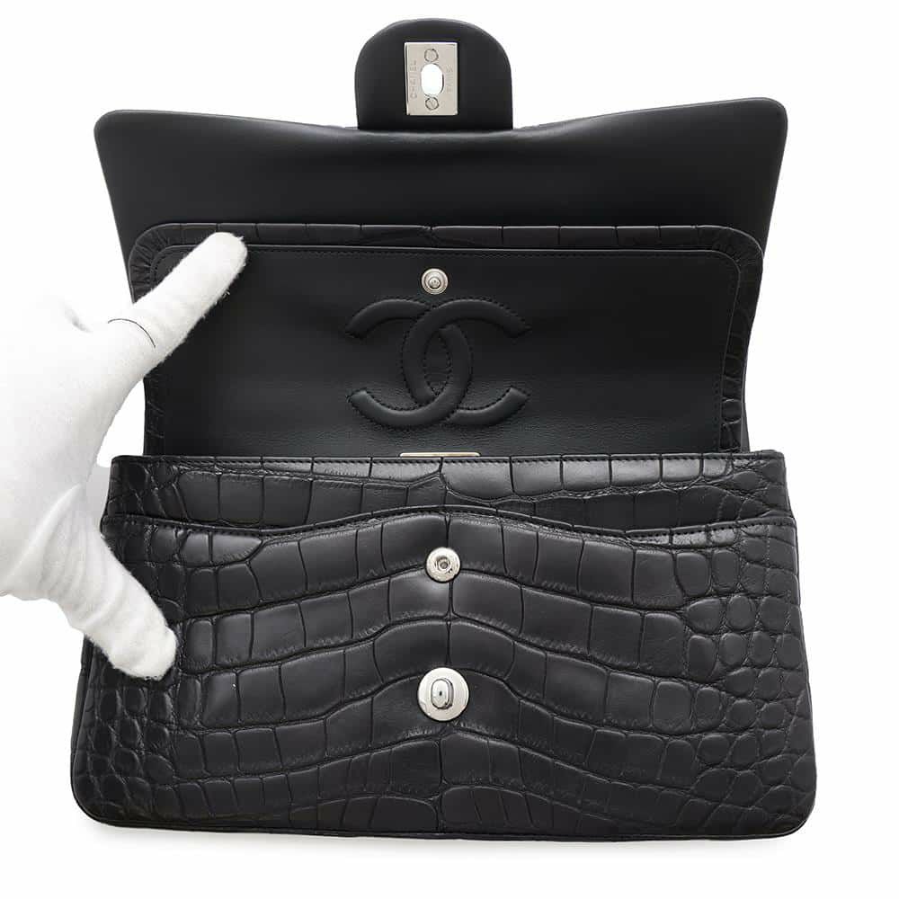 シャネル チェーンショルダーバッグ マトラッセ25 ココマーク ダブルチェーン クロコダイルマット CHANEL 黒