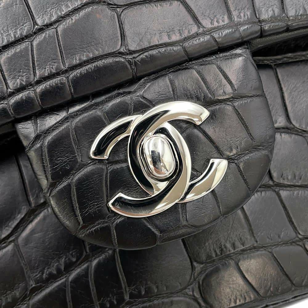 シャネル チェーンショルダーバッグ マトラッセ25 ココマーク ダブルチェーン クロコダイルマット CHANEL 黒