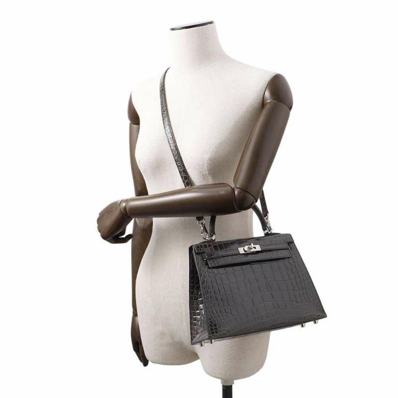 エルメス ハンドバッグ ケリー25 外縫い グラファイト/シルバー金具 アリゲーター Y刻印 2wayショルダー