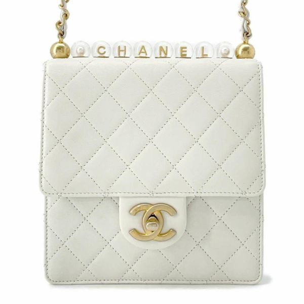 シャネル チェーンショルダーバッグ マトラッセ ココマーク フェイクパール ゴートスキン AS0584 CHANEL フラップバッグ 白