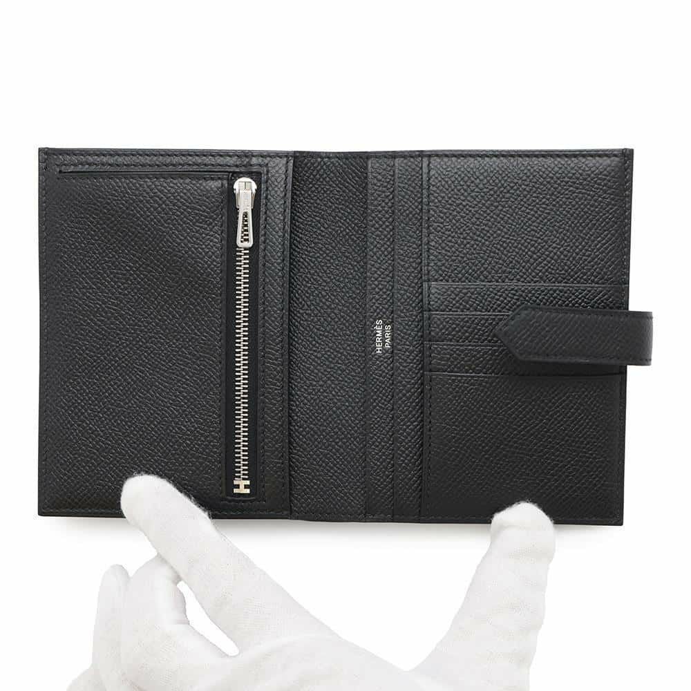 エルメス 二つ折り財布 ベアンコンパクト ブラック/シルバー金具 エプソン B刻印 黒