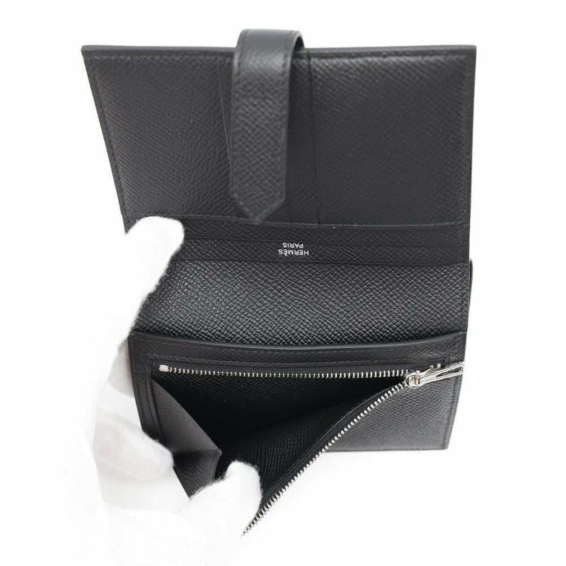 エルメス 二つ折り財布 ベアンコンパクト ブラック/シルバー金具 エプソン B刻印 黒