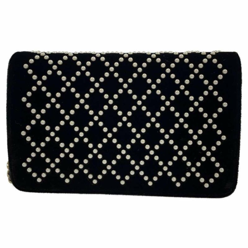 シャネル チェーンウォレット ココマーク パール ベルベット A84273 CHANEL フェイクパール 財布 黒