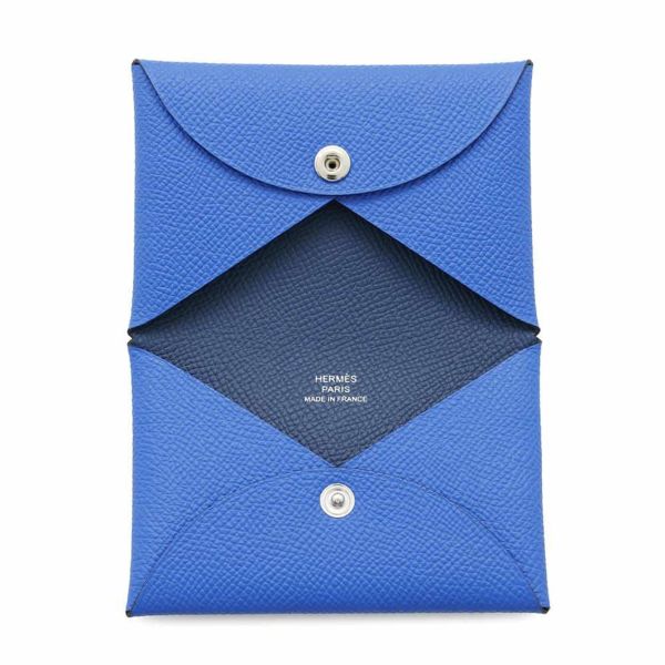エルメス カードケース カルヴィ ヴェルソ ブルーイドラ/ディープブルー エプソン K刻印 財布