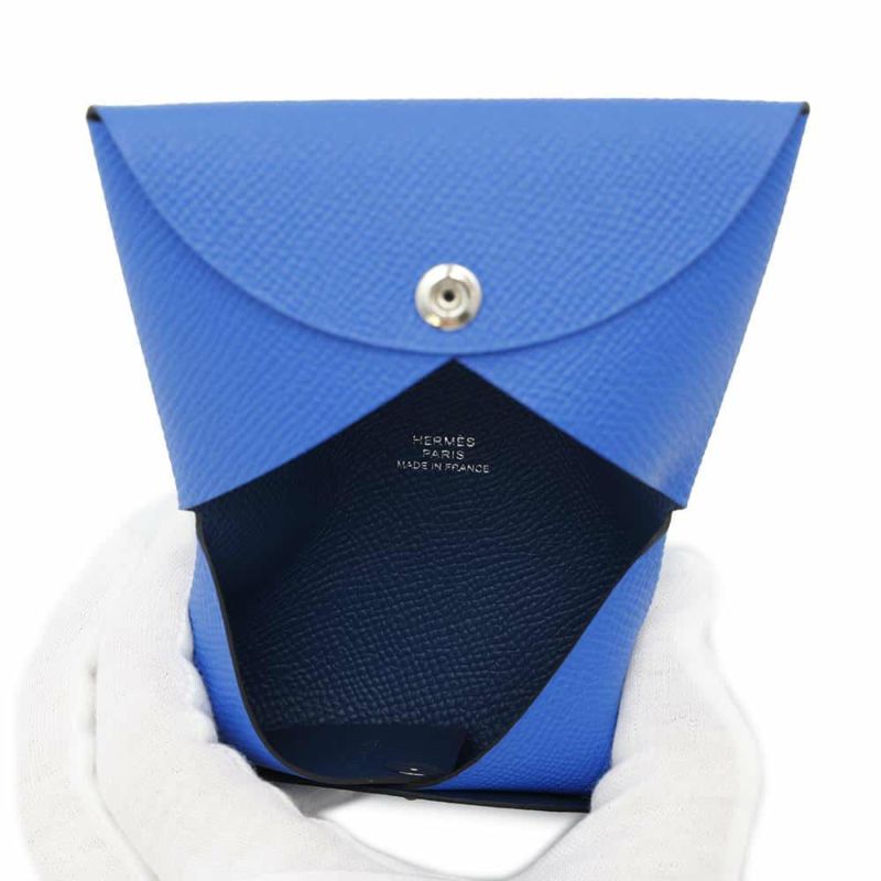 エルメス カードケース カルヴィ ヴェルソ ブルーイドラ/ディープブルー エプソン K刻印 財布