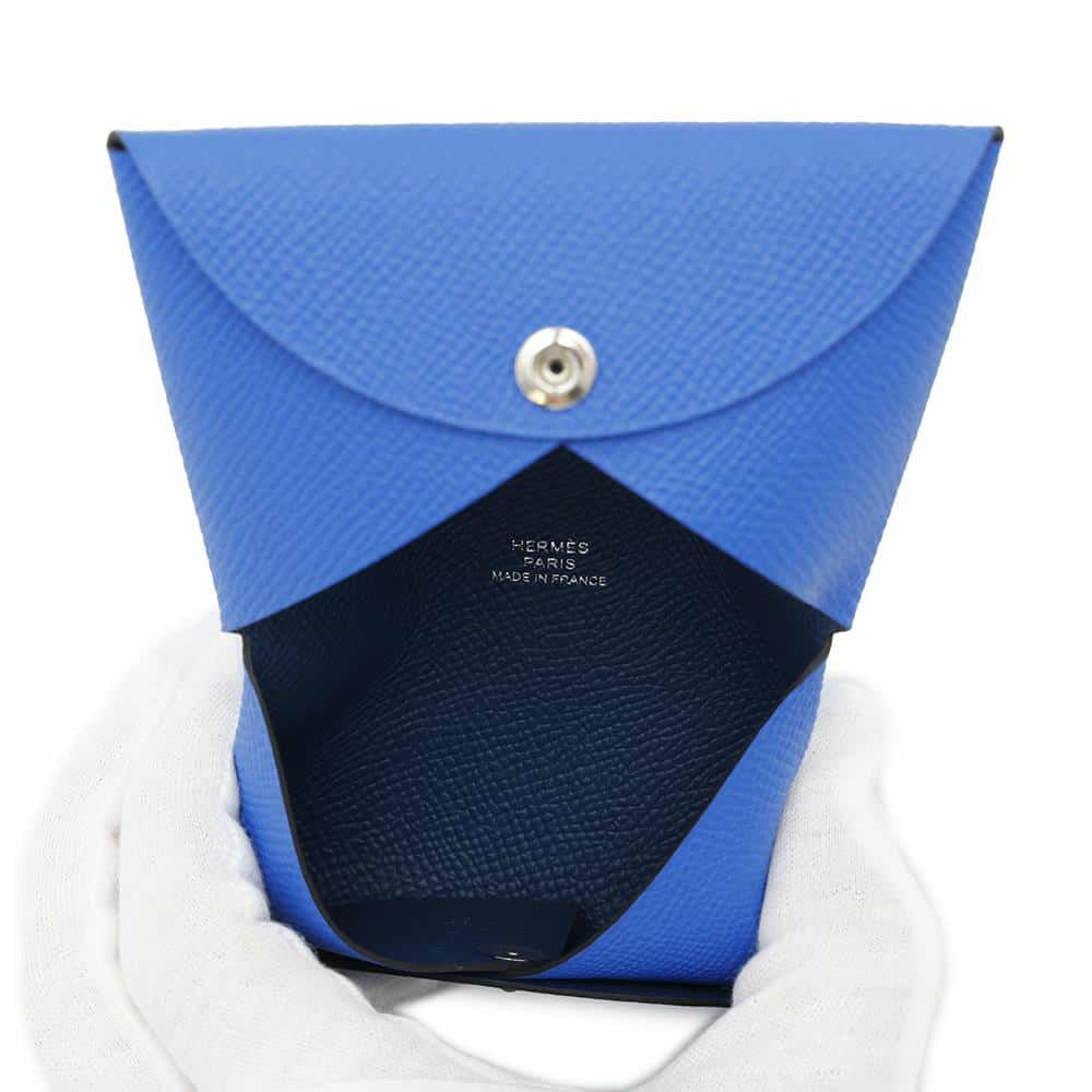 エルメス カードケース カルヴィ ヴェルソ ブルーイドラ/ディープブルー エプソン K刻印 財布