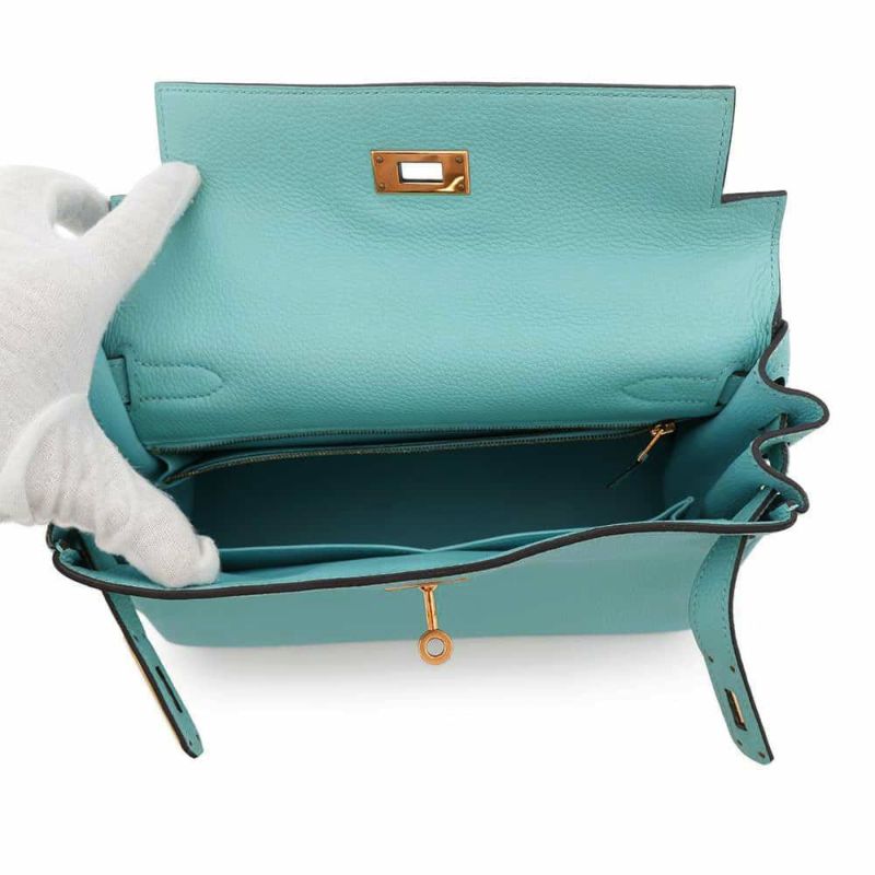 エルメス ハンドバッグ ケリー28 内縫い ブルーアトール/ゴールド金具 トゴ T刻印 2wayショルダー