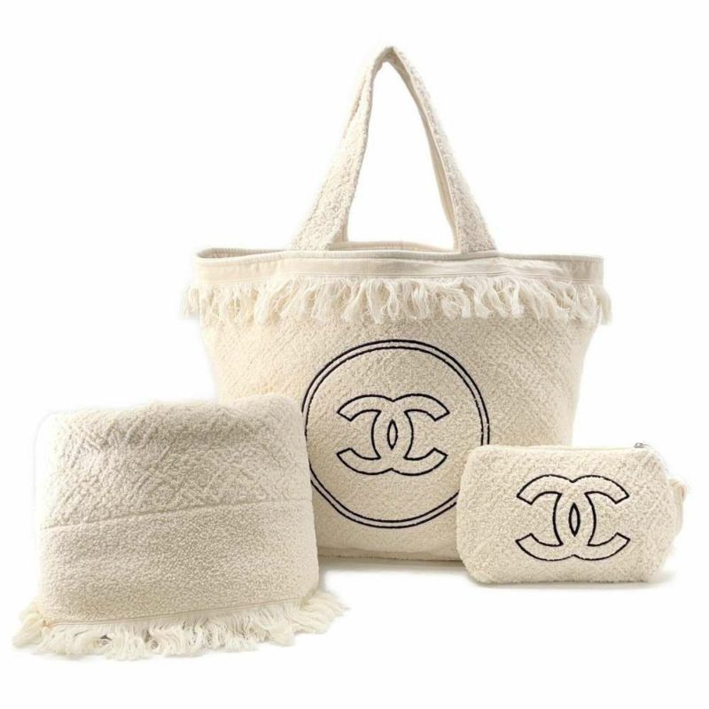 シャネル トートバッグ ビーチバッグセット ココマーク フリンジ パイル CHANEL ポーチ タオル付き