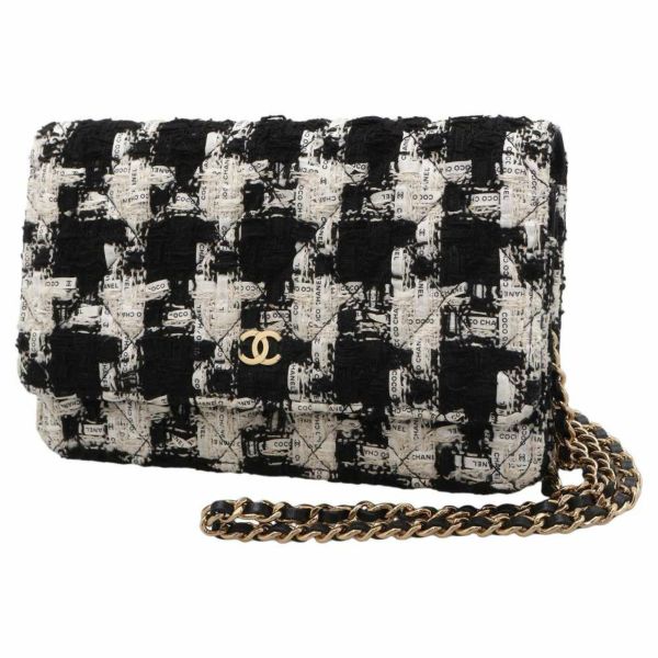 シャネル チェーンウォレット ツイード ココマーク CHANEL 財布 黒 白