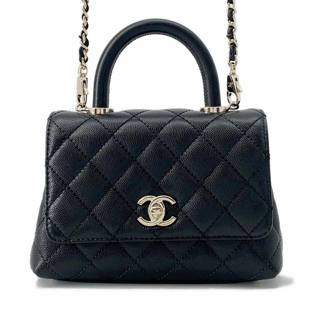 シャネル ハンドバッグ ココマーク マトラッセ トップハンドル ミニ フラップ キャビアスキン AS2215 CHANEL 2way 黒