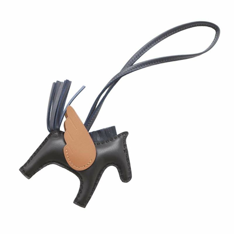 エルメス バッグチャーム ロデオPM ペガサス ブラック/ブルーニュイ/ゴールド ラムスキン W刻印 黒