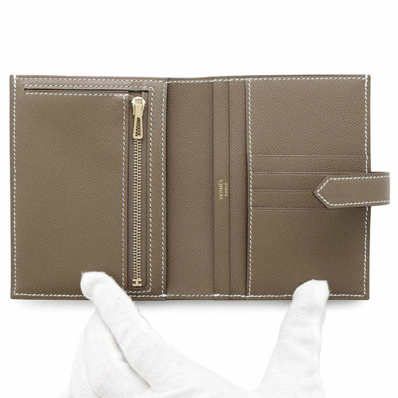 エルメス 二つ折り財布 ベアンコンパクト エトゥープ/ゴールド金具 ヴォーマダム W刻印 財布