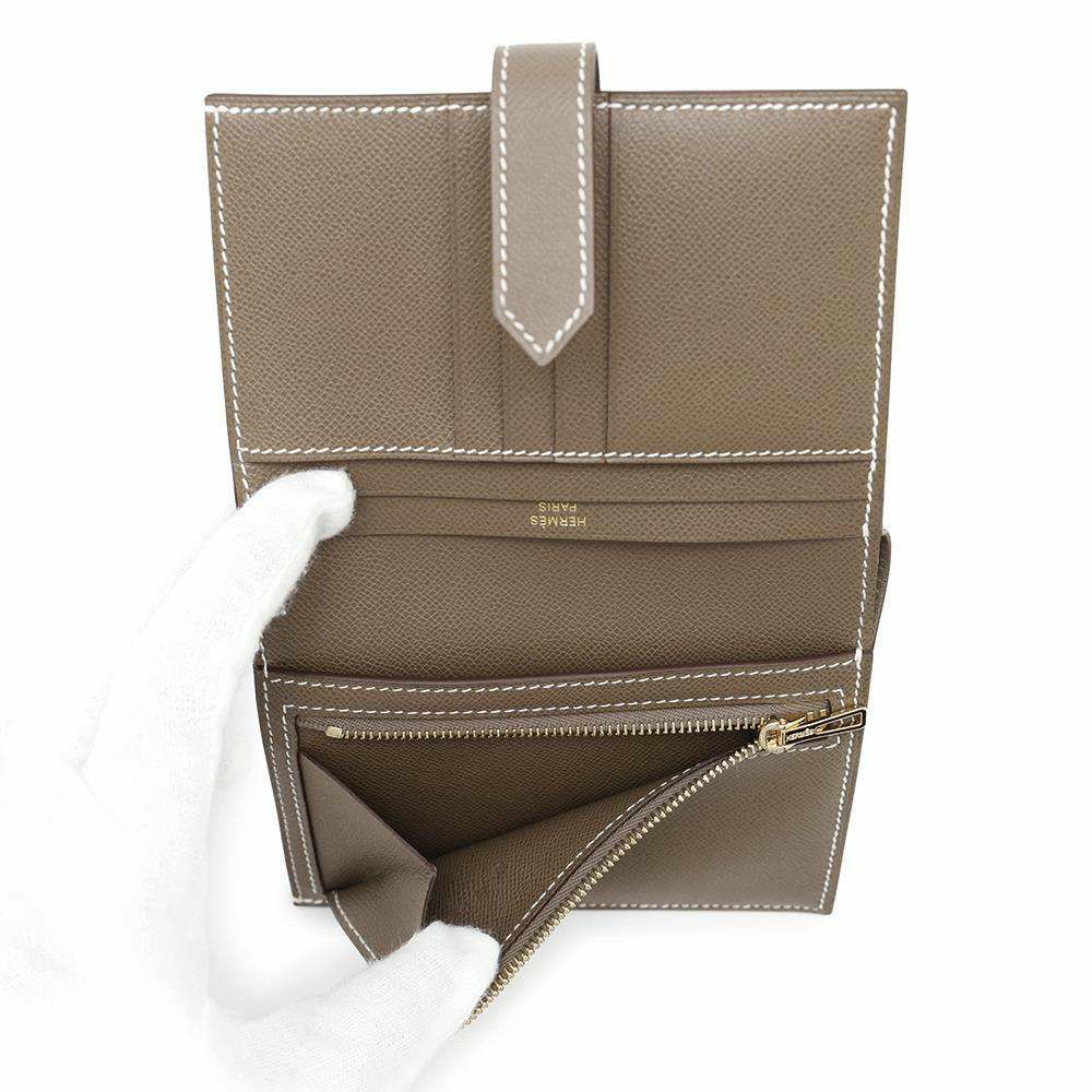 エルメス 二つ折り財布 ベアンコンパクト エトゥープ/ゴールド金具 ヴォーマダム W刻印 財布