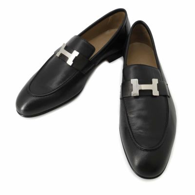 エルメス モカシン パリ ブラック/シルバー金具 レザー メンズサイズ42 