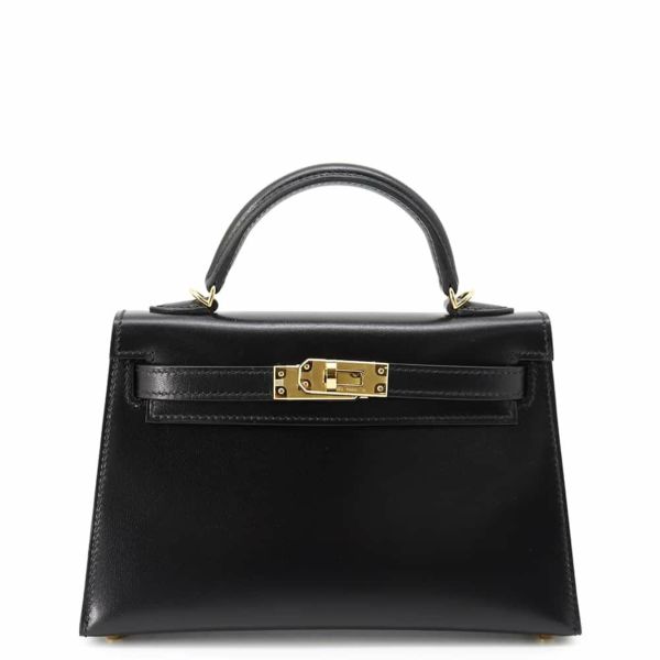 エルメス ハンドバッグ ミニケリー2 外縫い ブラック/ゴールド金具 ボックスカーフ U刻印 2wayショルダー 黒