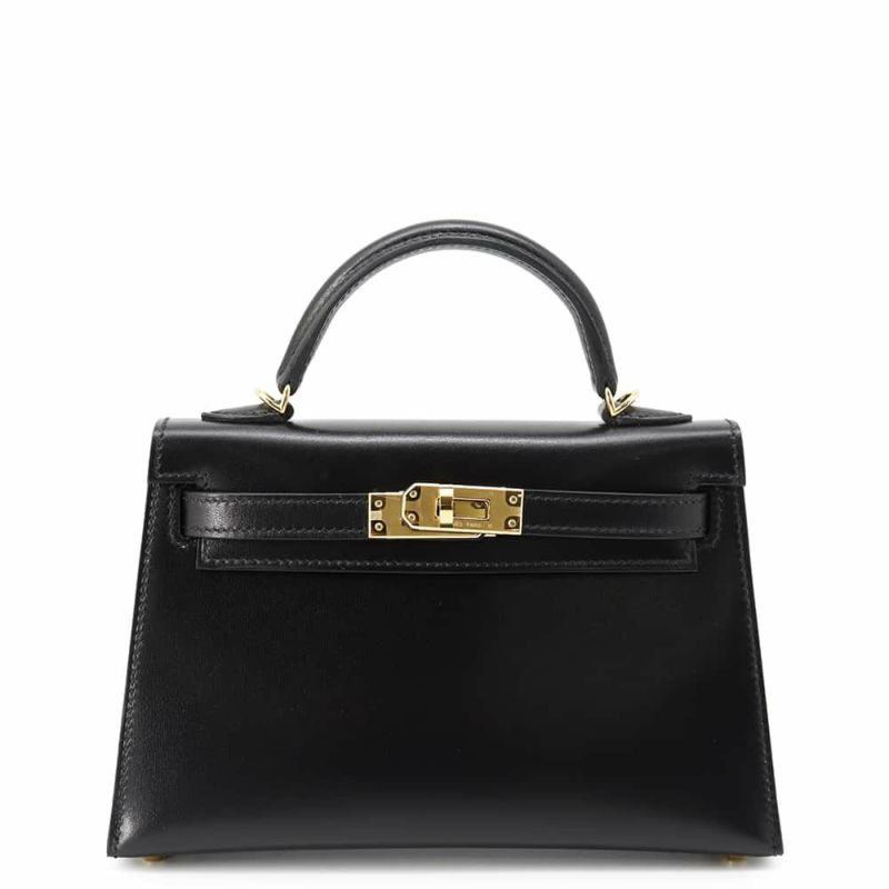 エルメス ハンドバッグ ミニケリー2 外縫い ブラック/ゴールド金具 ボックスカーフ U刻印 2wayショルダー 黒