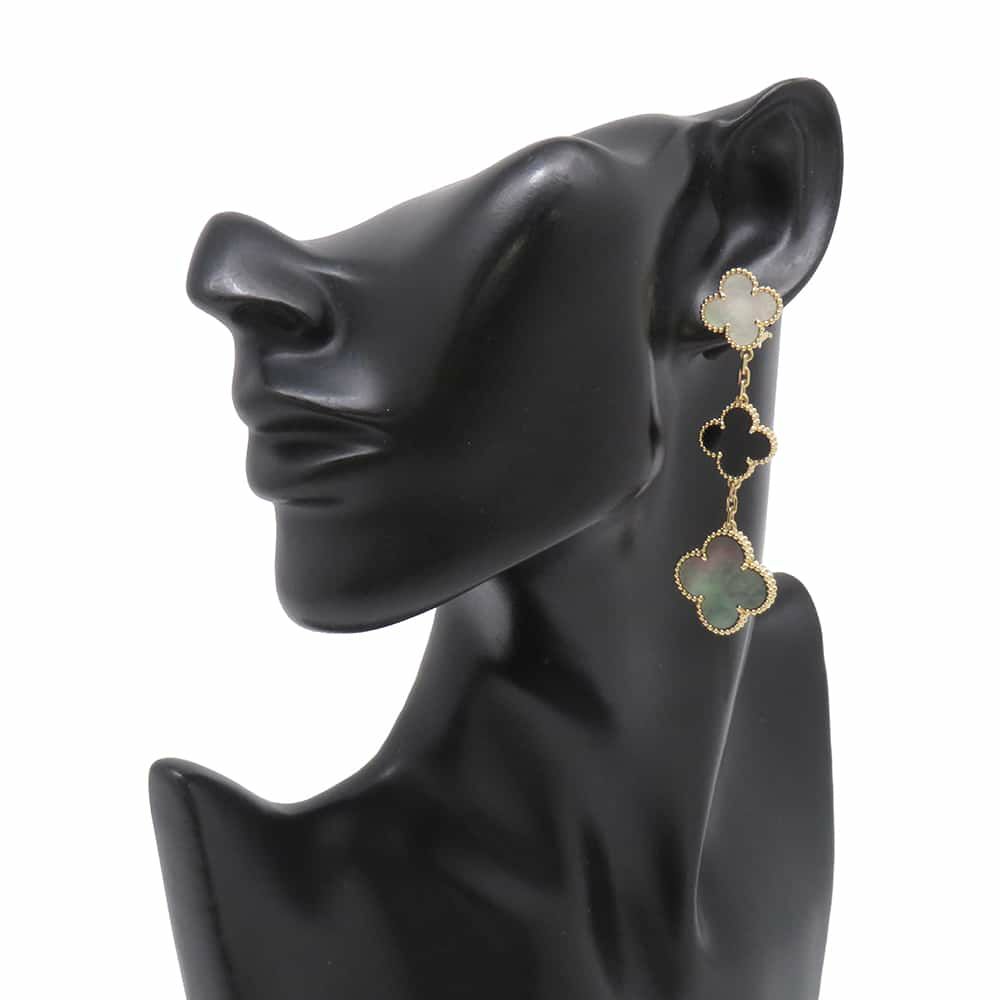 ヴァンクリーフ&アーペル ピアス マジック アルハンブラ イヤリング 3モチーフ オニキス ホワイト&グレー マザーオブパール K18YG