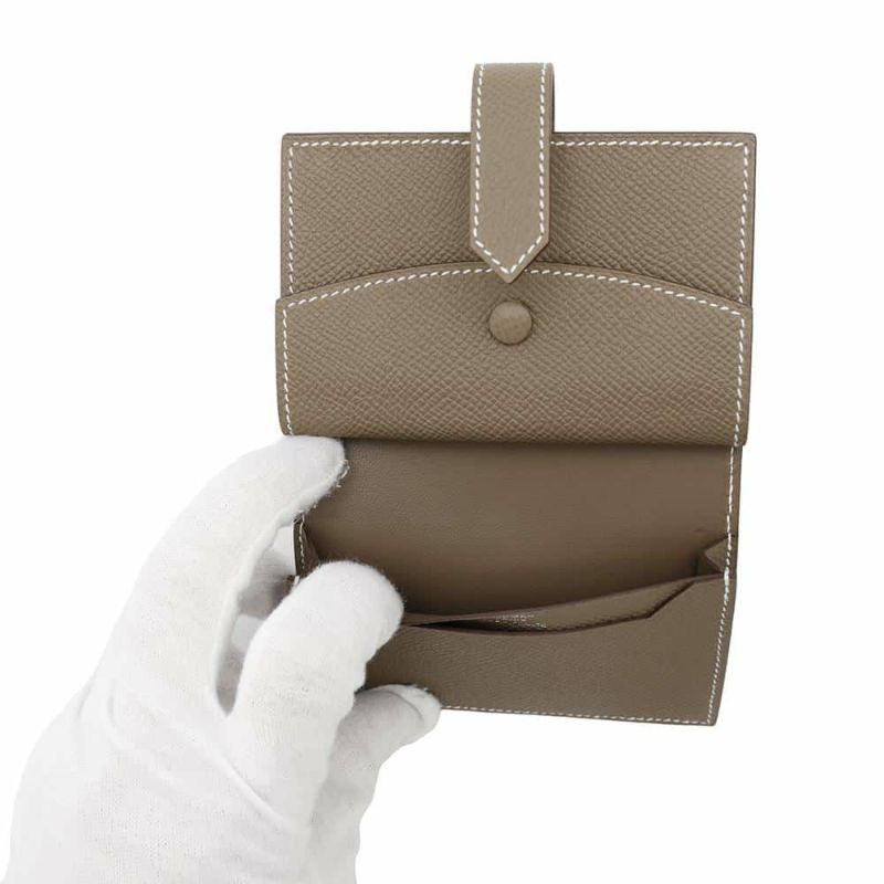 エルメス カードケース ベアン ミニ 小銭入れ付き エトゥープ/シルバー金具 エプソン W刻印 HERMES 名刺入れ コインケース