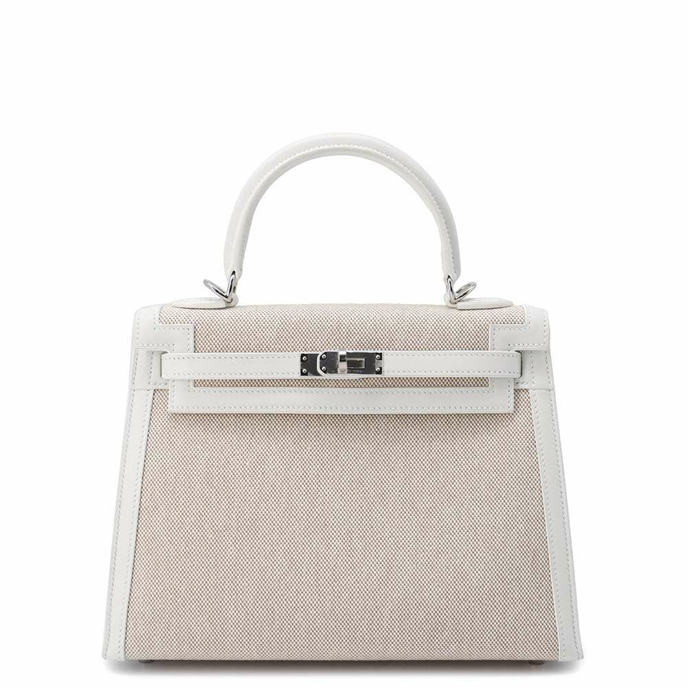 エルメス ハンドバッグ ケリー28 外縫い エクリュ/ニューホワイト/シルバー金具 トワルアッシュ/スイフト B刻印 2wayショルダー白