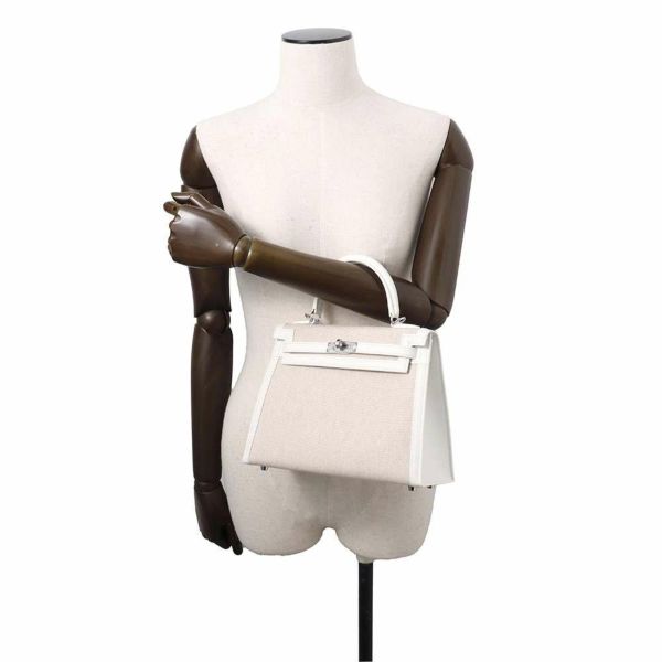 エルメス ハンドバッグ ケリー28 外縫い エクリュ/ニューホワイト/シルバー金具 トワルアッシュ/スイフト B刻印 2wayショルダー白