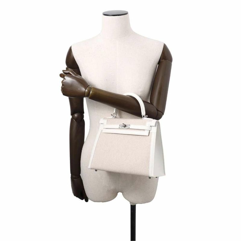 エルメス ハンドバッグ ケリー28 外縫い エクリュ/ニューホワイト/シルバー金具 トワルアッシュ/スイフト B刻印 2wayショルダー白