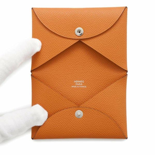 エルメス カードケース カルヴィ オレンジ/シルバー金具 エプソン W刻印 HERMES 名刺入れ パスケース 財布