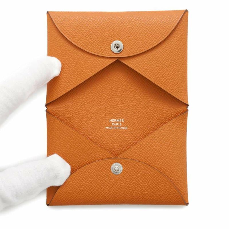 エルメス カードケース カルヴィ オレンジ/シルバー金具 エプソン W刻印 HERMES 名刺入れ パスケース 財布