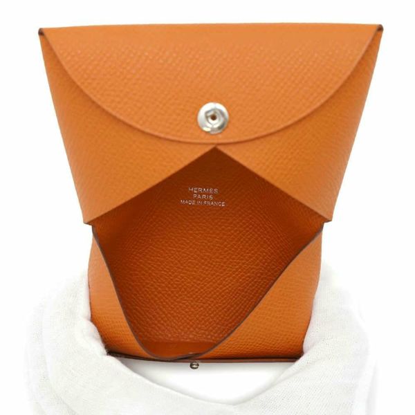 エルメス カードケース カルヴィ オレンジ/シルバー金具 エプソン W刻印 HERMES 名刺入れ パスケース 財布