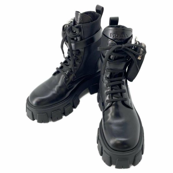 プラダ ブーツ モノリス ポーチ付 レザー Re-Nylon コンバットブーツ レディースサイズ37 2/1 1T255M PRADA 靴 黒