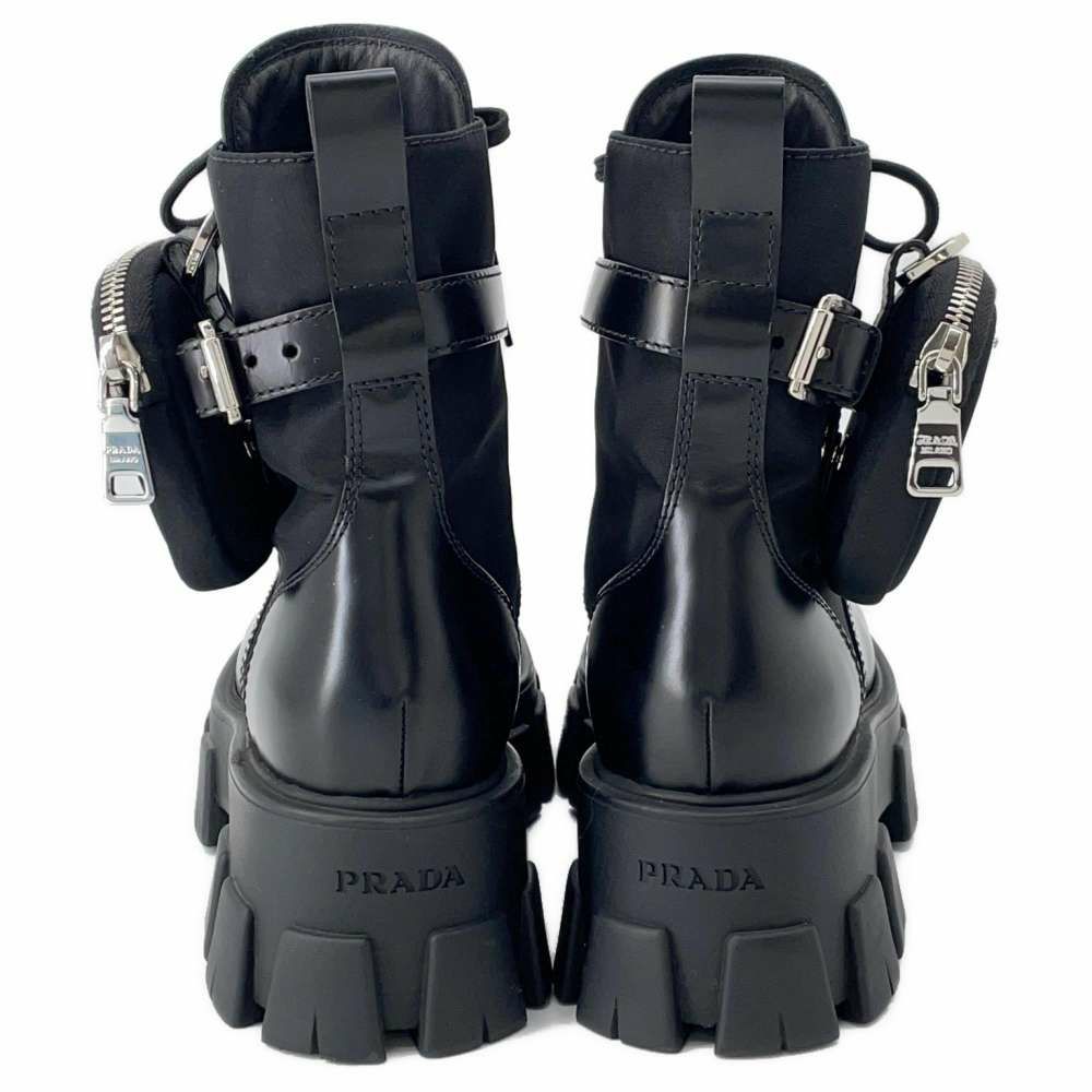 プラダ ブーツ モノリス ポーチ付 レザー Re-Nylon コンバットブーツ レディースサイズ37 2/1 1T255M PRADA 靴 黒