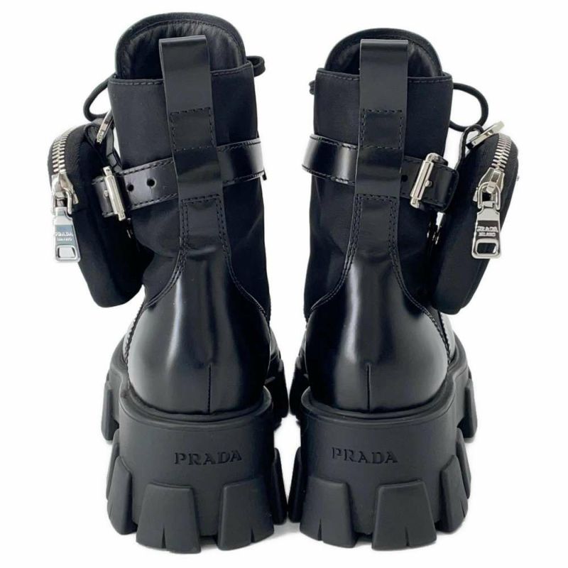 プラダ ブーツ モノリス ポーチ付 レザー Re-Nylon コンバットブーツ レディースサイズ37 2/1 1T255M PRADA 靴 黒