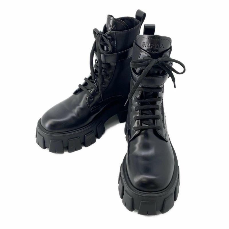 プラダ ブーツ モノリス ポーチ付 レザー Re-Nylon コンバットブーツ レディースサイズ37 2/1 1T255M PRADA 靴 黒
