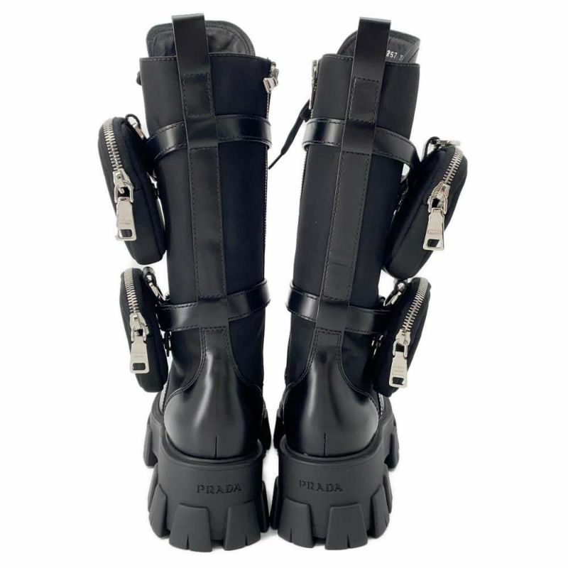 プラダ ロングブーツ モノリス ポーチ付 コンバットブーツ レディースサイズ37 2/1 PRADA 靴 黒