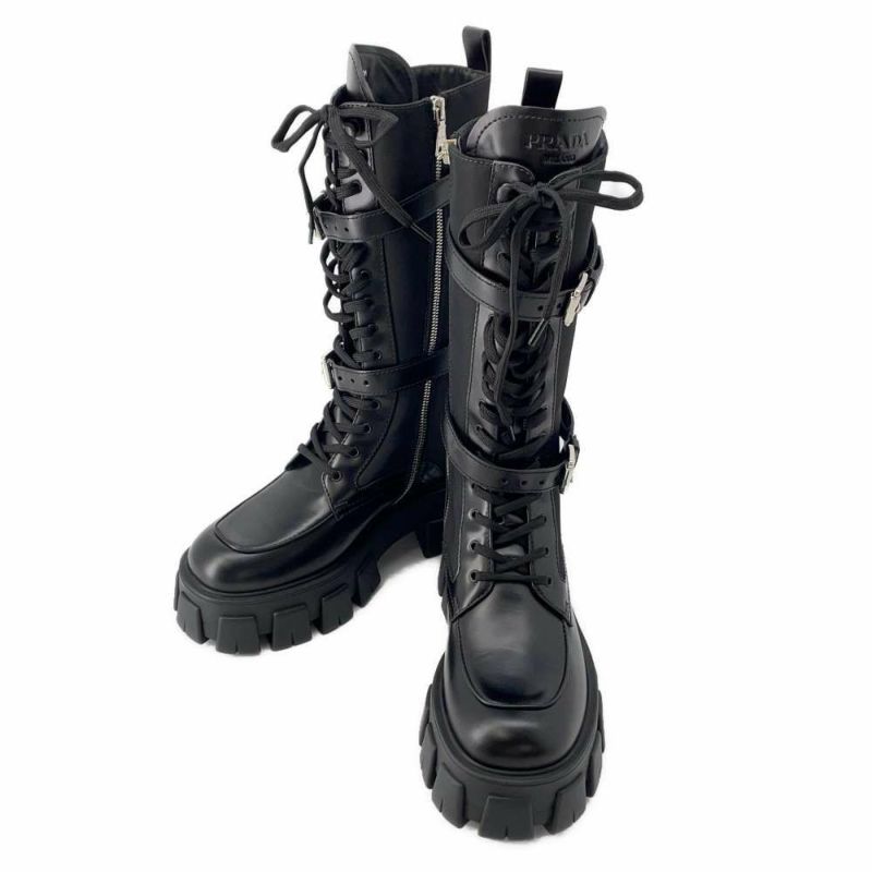 プラダ ロングブーツ モノリス ポーチ付 コンバットブーツ レディースサイズ37 2/1 PRADA 靴 黒