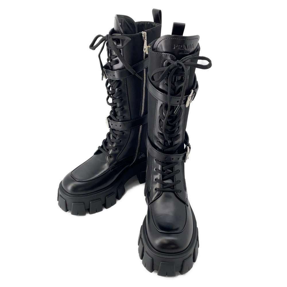 プラダ ロングブーツ モノリス ポーチ付 コンバットブーツ レディースサイズ37 2/1 PRADA 靴 黒