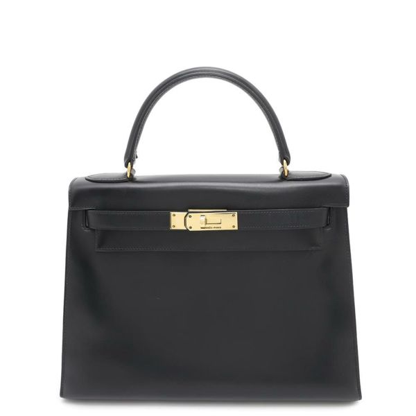 エルメス ケリー28 外縫い ブラック/ゴールド金具 ボックスカーフ 〇J刻印 HERMES 2wayショルダー 黒