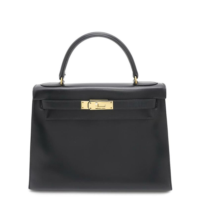 エルメス ケリー28 外縫い ブラック/ゴールド金具 ボックスカーフ 〇J刻印 HERMES 2wayショルダー 黒