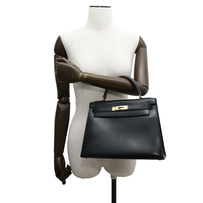 エルメス ケリー28 外縫い ブラック/ゴールド金具 ボックスカーフ 〇J刻印 HERMES 2wayショルダー 黒