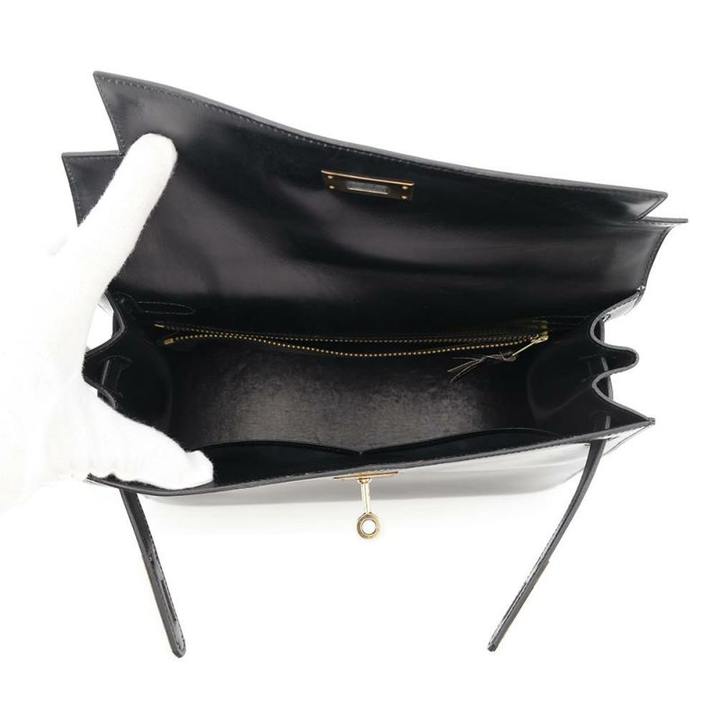 エルメス ケリー28 外縫い ブラック/ゴールド金具 ボックスカーフ 〇J刻印 HERMES 2wayショルダー 黒