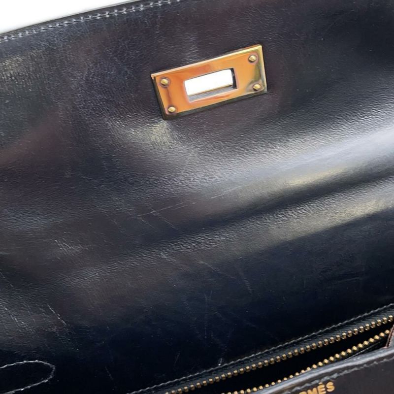 エルメス ケリー28 外縫い ブラック/ゴールド金具 ボックスカーフ 〇J刻印 HERMES 2wayショルダー 黒